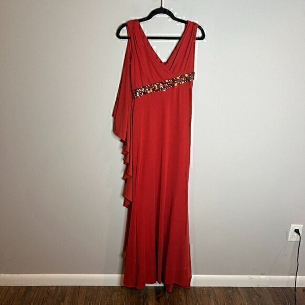 John Paul Ataker rust orange gemstone ruffle strappy gown